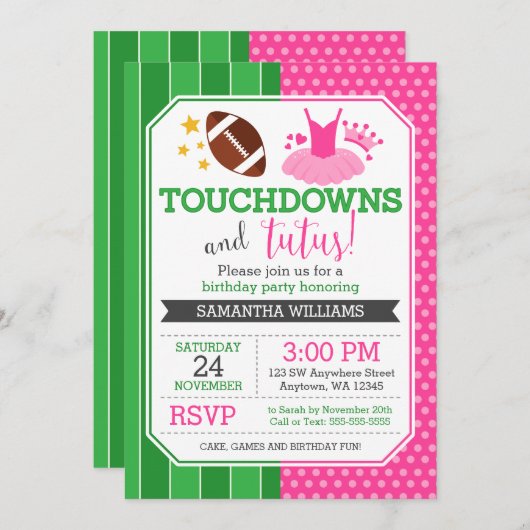 Touchdowns en tutus verjaardagsuitnodigingen kaart (Voorkant / Achterkant)