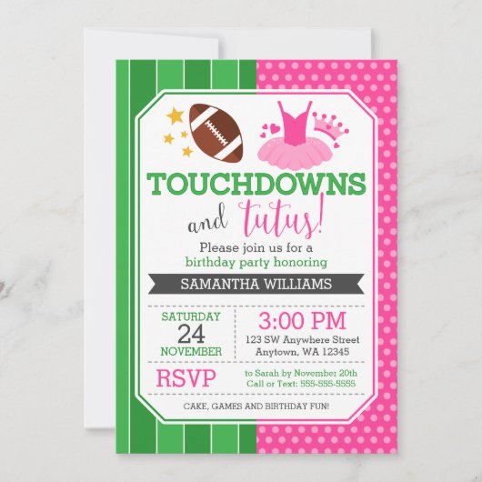 Touchdowns et Tutus Invitations d'anniversaire (Devant)