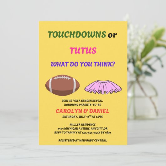 Touchdowns of Tutus gender onthullen party Kaart (Staand voorkant)