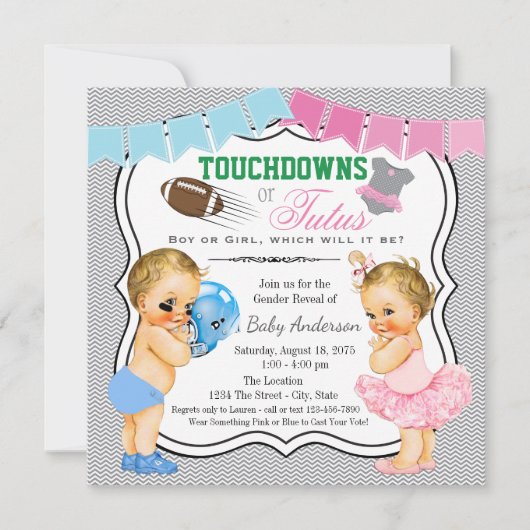 Touchdowns of Tutus Gender Reopenbaart Uitnodiging (Voorkant)