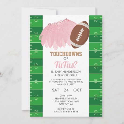 Touchdowns of Tutus Gender Reopenbaart Uitnodiging (Voorkant)