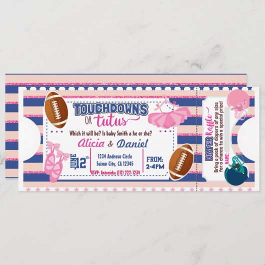 Touchdowns of Tutus uitnodiging - luierloterij (Voorkant / Achterkant)