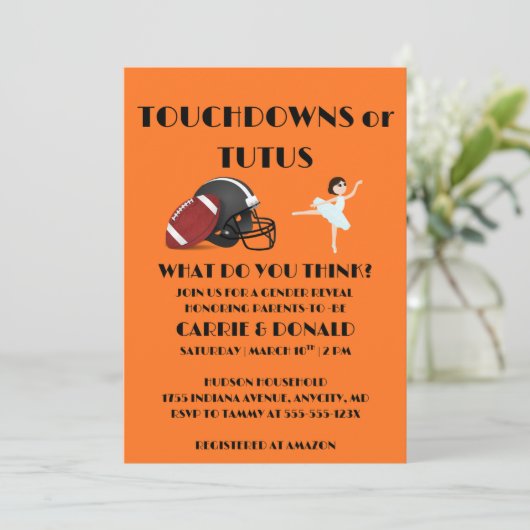 Touchdowns or Tutus gender reveal party Kaart (Staand voorkant)
