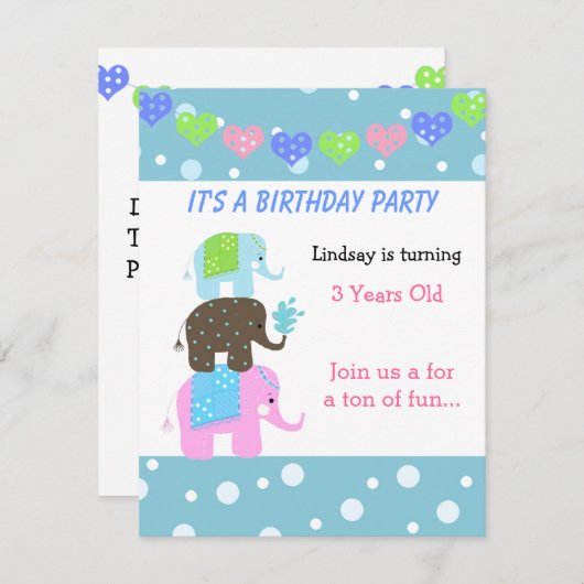 Tour des éléphants Invitation d'anniversaire (Devant / Derrière)