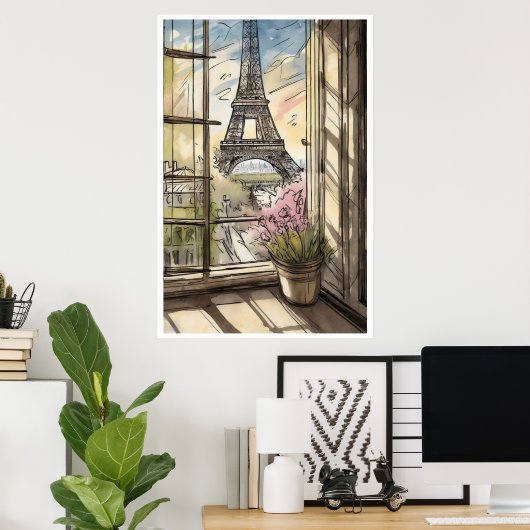 Tour Eiffel à travers une affiche fenêtre (Bureau à domicile)
