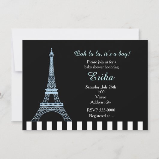 Tour Eiffel bébé bleu invitation pour garçon à Par (Devant)