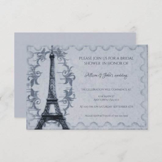 Tour Eiffel Bleu Invitation de douche nuptiale (Devant / Derrière)