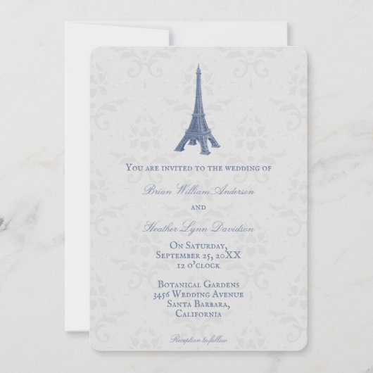 Tour Eiffel bleu Mariage damassé Invitation (Devant)