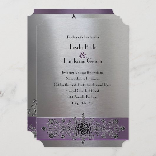 Tour Eiffel Faire-part de mariage violet et argent (Devant / Derrière)