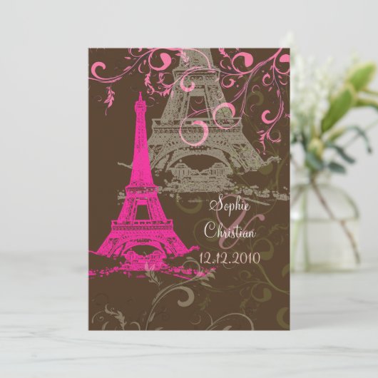 Tour Eiffel/mariage rose/chocolat Invitations (Debout devant)