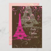 Tour Eiffel/mariage rose/chocolat Invitations (Devant / Derrière)