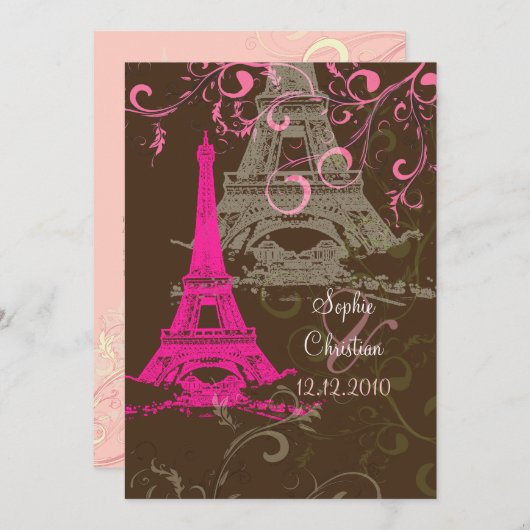Tour Eiffel/mariage rose/chocolat Invitations (Devant / Derrière)