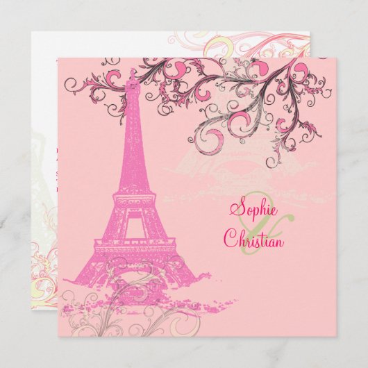 Tour Eiffel/mariage rose/chocolat Invitations (Devant / Derrière)