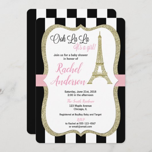 Tour Eiffel Paris baby shower invitation fille (Devant / Derrière)
