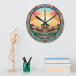 Tour Eiffel Paris Paris Floral<br><div class="desc">Coucher de soleil parisien Eifel Tower Paris France Floral Horloges présente un coucher de soleil de style art déco avec la Tour Eiffel dans un cadre fleuri et audacieux. Créé par Evco Studio www.zazzle.com/store/evcostudio</div>
