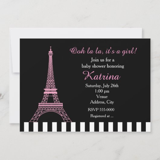 Tour Eiffel rose Paris Baby shower noir Invitation (Devant)