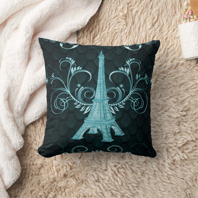 Tour Eiffel Turquoise Floral Fils Coussin (Couverture)