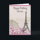 Tour Eiffel vintage aux fleurs roses Anniversaire<br><div class="desc">Un collage vintage fantaisiste qui a un vieil arrière - plan de carte postale française avec un croquis de tour eiffel et quelques fleurs sauvages roses et blancs en bordure du fond. Des ornements tourbillonnant soignés ornent les côtés. Joyeux Anniversaire écrit dans une police de caractères manuscrite. Customisez le message...</div>