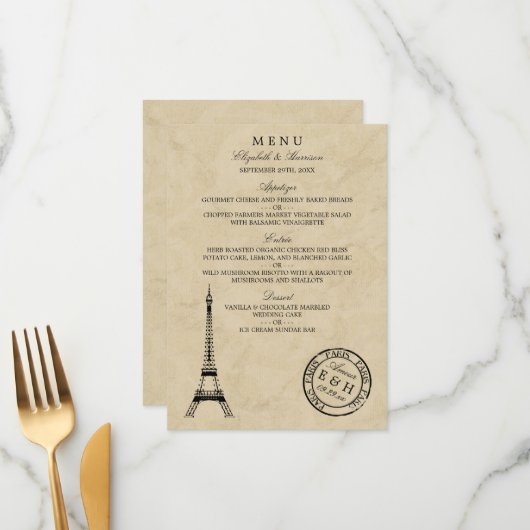 Tour Eiffel vintage Paris Postmark Mariage Menu (Devant/Arrière en situation)