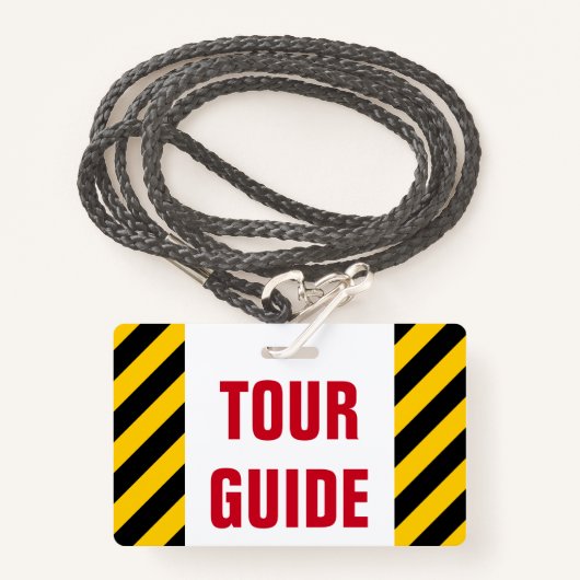 "TOUR GUIDE" + Black & Yellow Stripes Badge (Voorkant met draagriem)