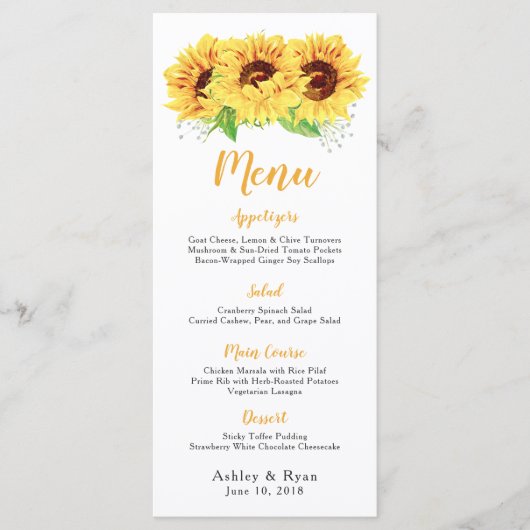 Tournesol Aquarelle Floral Menu Mariage (Devant)