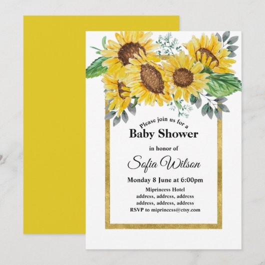 tournesol, baby shower floral, invitation (Devant / Derrière)