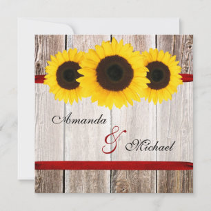Tournesol Barn Bois Ruban rouge Invitations de mar