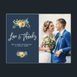 tournesol bleu marine mariage merci carte photo<br><div class="desc">aquarelle eucalyptus et tournesol avec script de brosse blanche et une image des jeunes mariés,  se sentir libre de personnaliser les caractéristiques de cette carte.</div>
