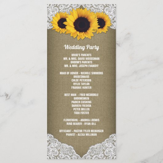Tournesol Burlap et dentelle Programmes de mariage (Dos)