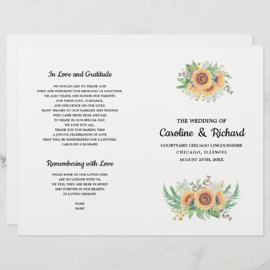 Tournesol de pays rustique Programmes de mariage p (Devant / Derrière)