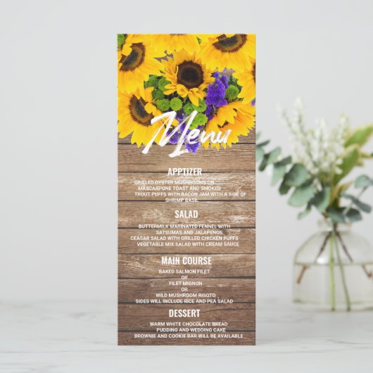 Tournesol en bois brun rustique Mariage Menu (Debout devant)