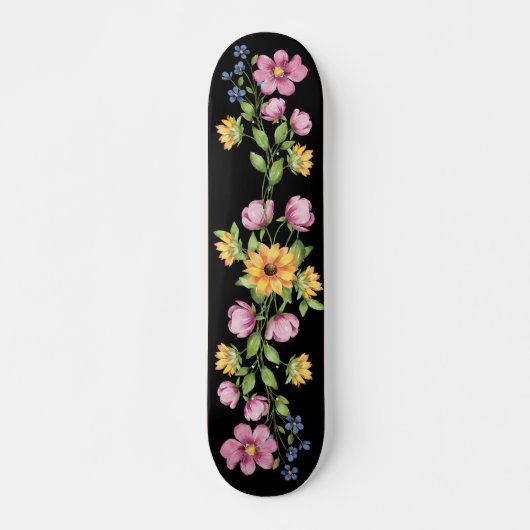 Tournesol et Fleurs sauvages sur skateboard noir (Devant)