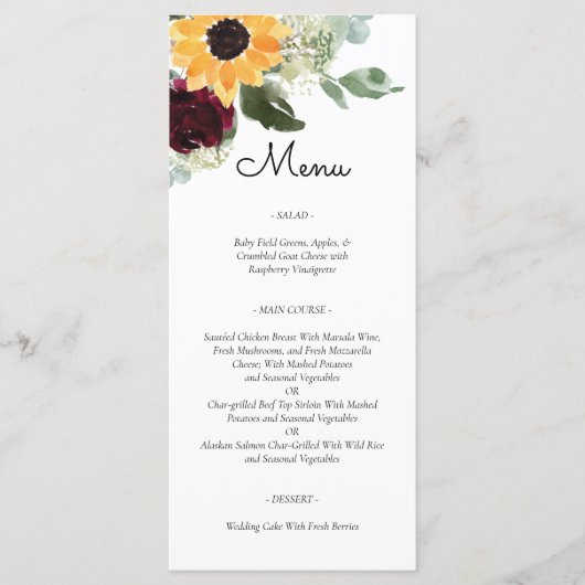 Tournesol et Mariage campagnard rustique Rose Menu (Devant)
