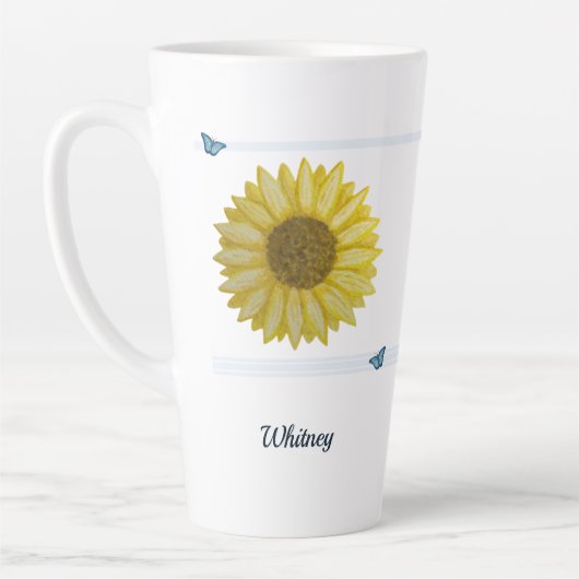 Tournesol et papillon bleu Écriture Latte Mug (Gauche)