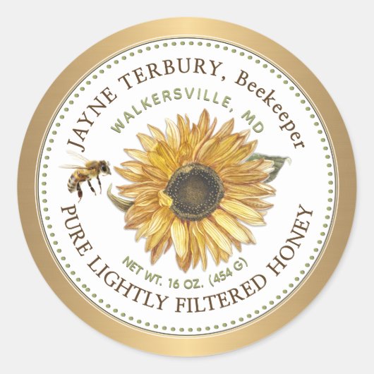 Tournesol Étiquette miel avec bordure en or d'abei (Devant)
