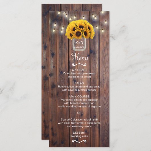Tournesol Jar String Lights Rustic Mariage Menu (Devant / Derrière)