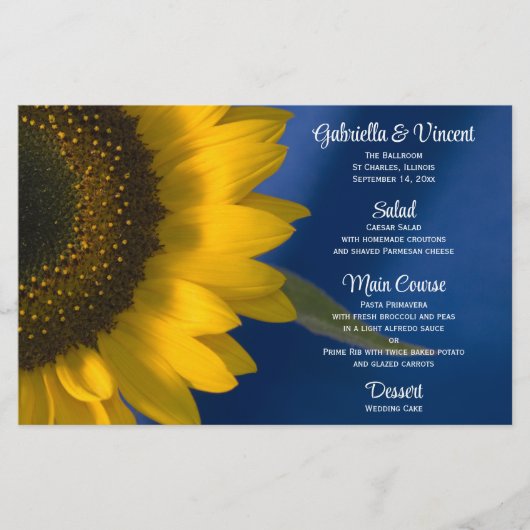 Tournesol jaune sur le menu Mariage bleu (Devant)