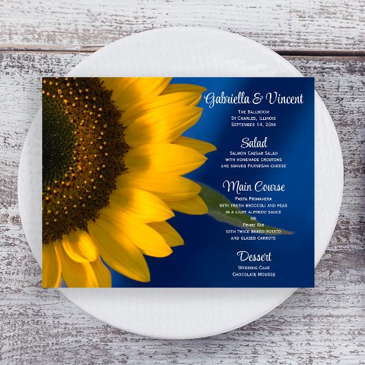 Tournesol jaune sur le menu Mariage bleu