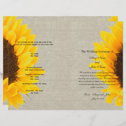 Tournesol Linen Rustique | Programme de mariage (Devant / Derrière)