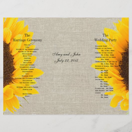 Tournesol Linen Rustique | Programme de mariage (Dos)