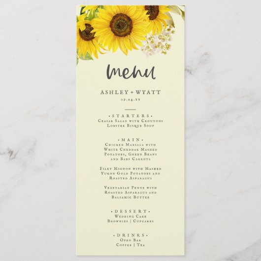 Tournesol | Menu Dîner Mariage Jaune (Devant)