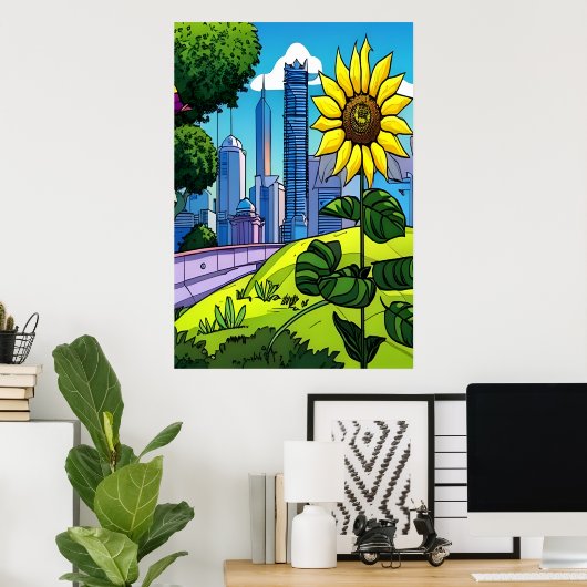 Tournesol, parc et ville | AI Art Poster (Bureau à domicile)