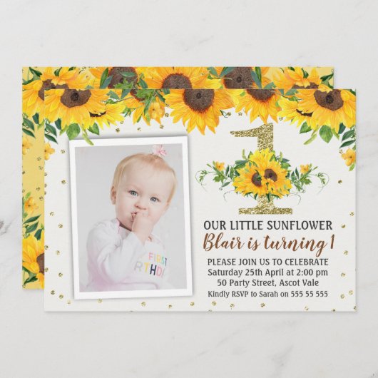 Tournesol photo premier anniversaire Invitation fi (Devant / Derrière)