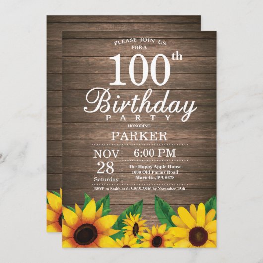 Tournesol rustique 100e anniversaire Invitation (Devant / Derrière)