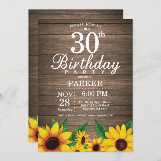 Tournesol rustique 30e anniversaire Invitation (Devant / Derrière)