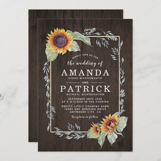 Tournesol Rustique Aquarelle Mariage Invitations (Devant / Derrière)