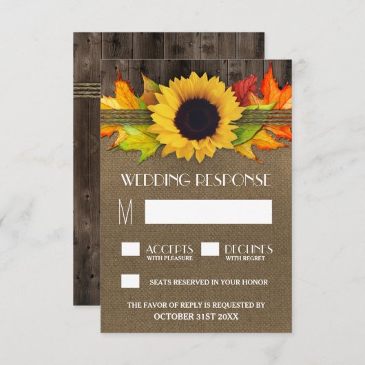 Tournesol Rustique Automne + Burlap Wedding Cartes (Devant / Derrière)