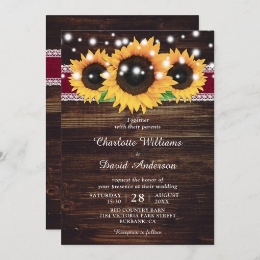 Tournesol Rustique Faire-part de mariage Bourgogne (Devant / Derrière)