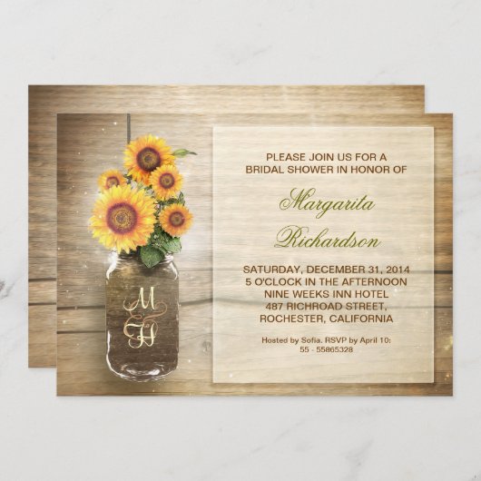 tournesol rustique mason jarre nuptiale invitation (Devant / Derrière)