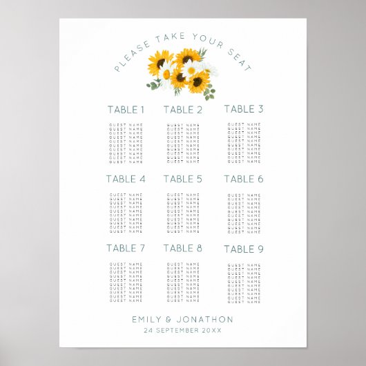 Tournesols 9 Tableaux 90 Tableau des sièges invité (Devant)
